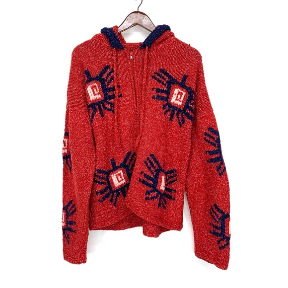 La Llama 100% Wool Full Zip Hand Knit Drop Shoulder Shacket Hoodie From Ecuador - Picture 1 of 16